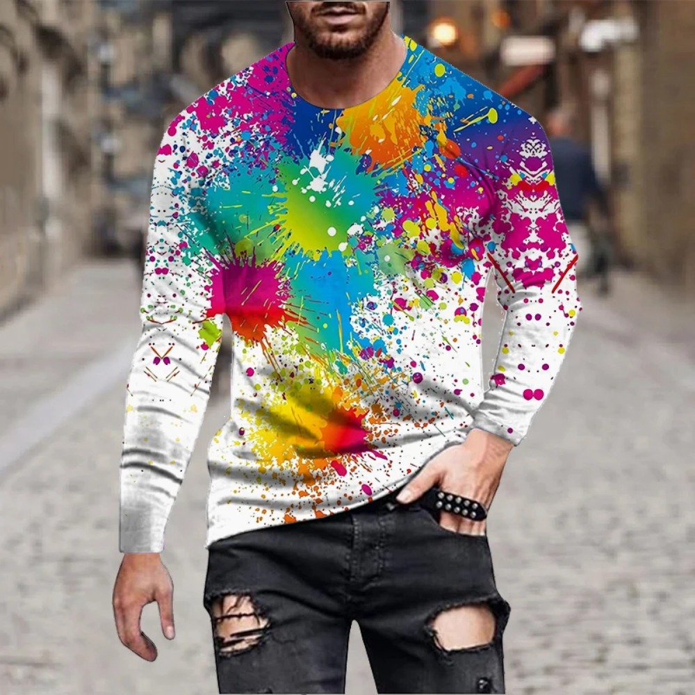 3D Printing Jersey - Heren T-shirt met regenboogverfspatten, 3D-print, lange
